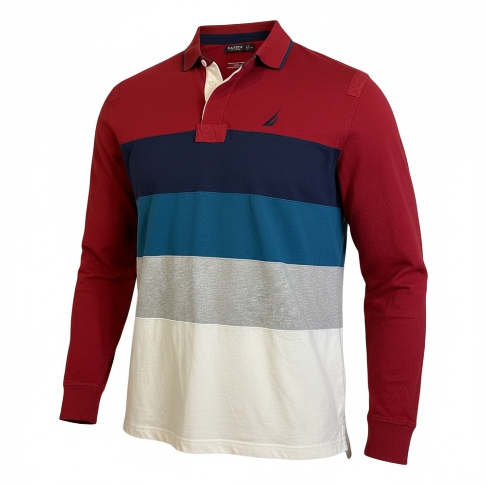 Nautica Men's Red and Blue Striped Polo